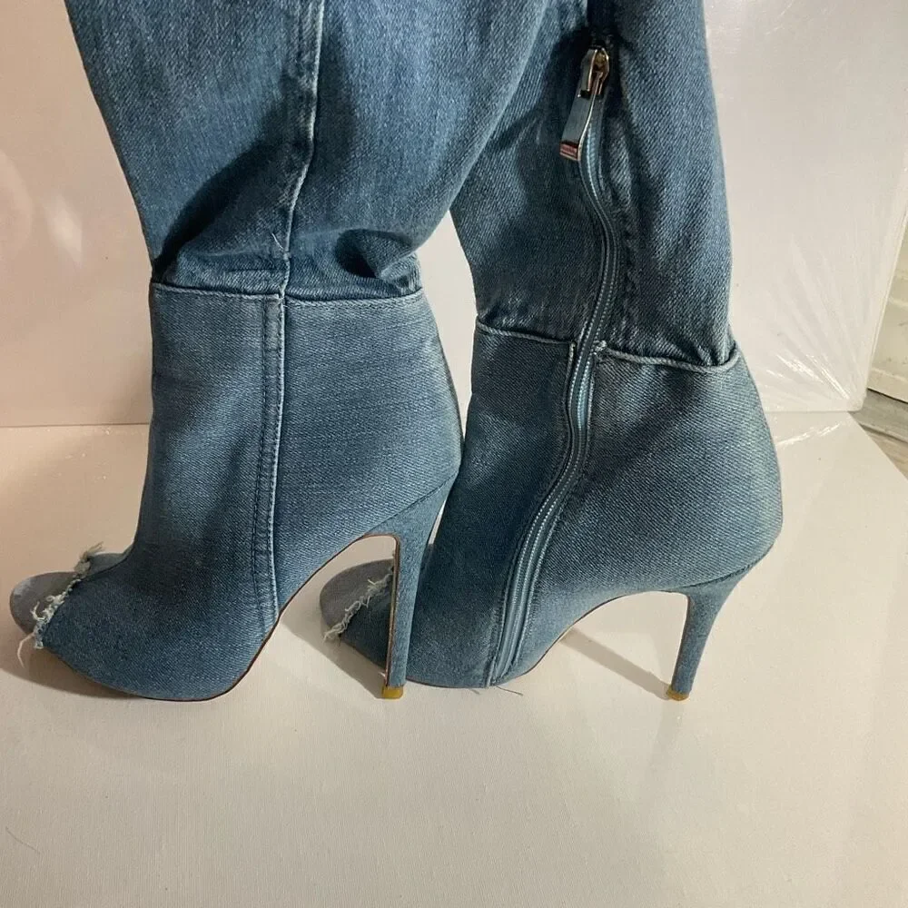 Lola Shoetique Denim Open Toe, High Heel , knee High Boots size 7